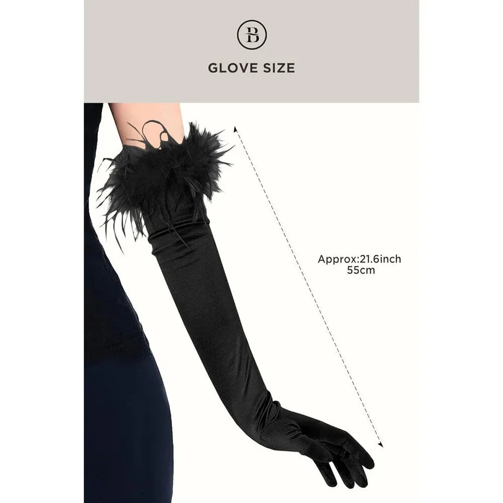 Women's Evening Black Feather Long Satin Gloves Stretchy Elbow Halloween Costume
